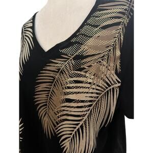 Catherines Black Palm Leaf Foil Print Tee, Plus Size 0X, 14/16